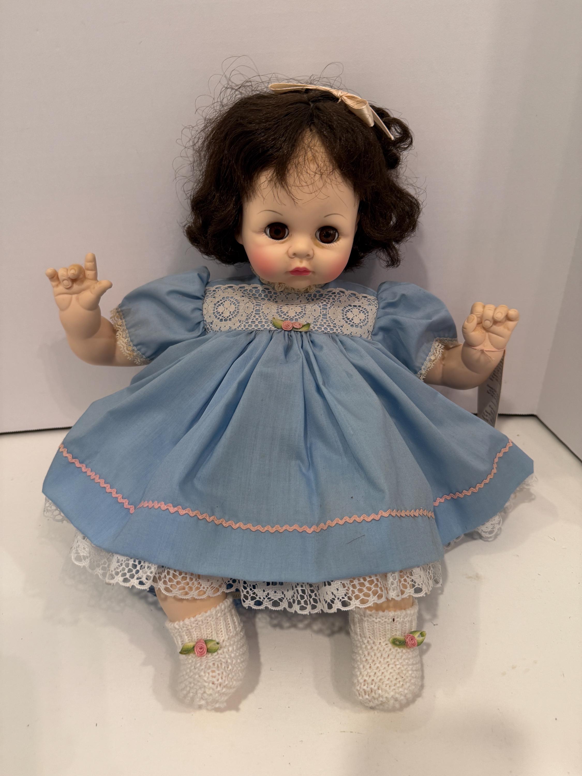 Vintage 1980s Madame Alexander Pussy Cat Doll, Original Blue Dress
