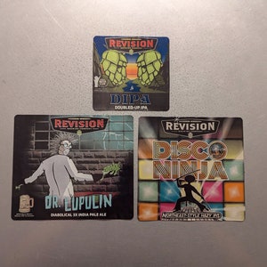 Craft Beer Magnets Revision Brewing Disco Ninja IPA, Double India Pale Ale DIPA, Dr. Lupulin Diabolical 3X