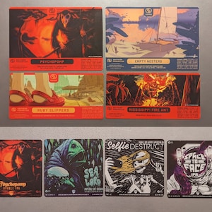 May include: Eight colorful beer labels with illustrations and text. The labels feature a variety of designs, including a crow, a boat, a pair of red shoes, an ant, a fish, a skull, an astronaut, and a crow. The text on the labels includes the names of the beers, "Psychopomp", "Empty Nesters", "Ruby Slippers", "Mississippi Fire Ant", "Sea Lord", "Selfie Destruct", "Space to Face", and "Psychopomp".