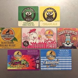 Craft Beer Magnets Cross-Eyed Owl XEO Cotaco, Cream Ale, Goat Island Brewing Blood Orange, Goatopia, Peace & Love Hippieweizen, Oktoberfest