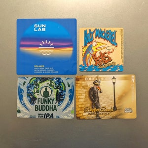 Craft Beer Magnets Sun Lab Brewing Relaxer Hazy IPA, Funky Budda Hop Gun, Holy Mackerel Panic Attack, Bone Hook Dapper Dan's IPA