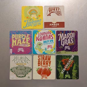 Craft Beer Magnet Abita Strawgator, Alpha Gator Imperial IPA, Purple Haze, Strawberry Lager, Lounging Iguanas, Amber, Jockamo, Mardi gras