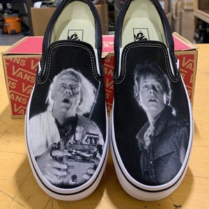 Custom Back To The Future Inspired Black Slip On Vans (Marty / Doc)