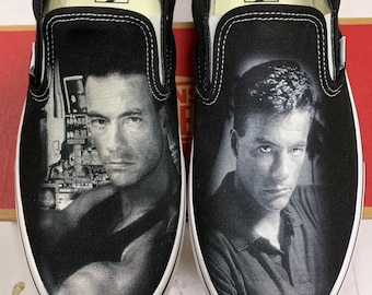 Custom Double Impact Inspired Black Slip On Vans (Jean-Claude Van Damme)