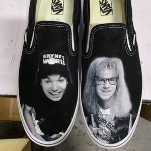 Custom Wayne&#39;s World Inspired Black Slip On Vans (Wayne / Garth)
