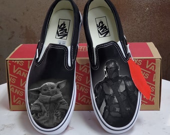 Custom Star Wars - The Mandalorian - Slip On Vans (Baby Yoda) - Black & White