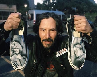 Custom Point Break Inspired Black Slip On Vans (Keanu Reeves / Patrick Swayze)