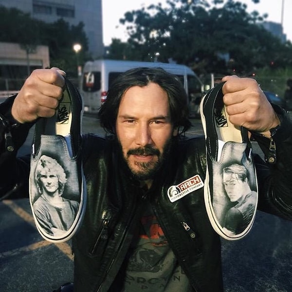 Custom Point Break Inspired Black Slip On Vans (Keanu Reeves / Patrick Swayze)