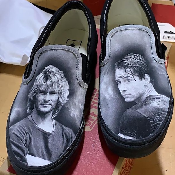 Custom Point Break Inspired Black Slip On Black Monochrome Vans (Keanu Reeves / Patrick Swayze)