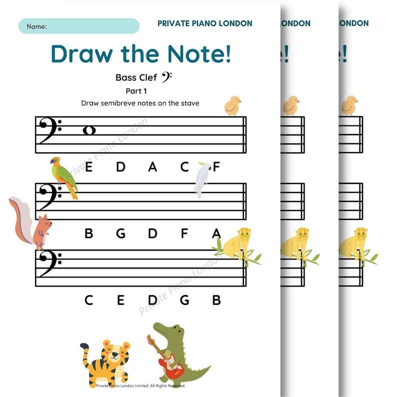 Music Theory for Children - Draw the Note! Bass Clef (4 Worksheets) - Etsy