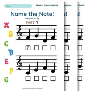 May include: A printable worksheet for learning music notes. The worksheet features a treble clef and musical notes on a staff. The notes are labeled with letters A through G. The worksheet is titled "Name the Note!" and "Treble Clef Part 1".