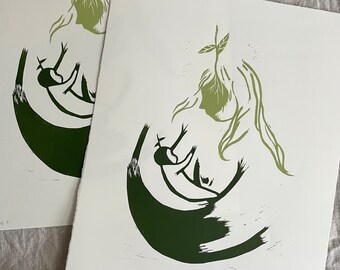 Liv II - Original linocut/green variation - 10% of income goes to Ammehjelpen