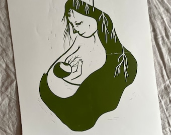 Liv - Original linocut/green variation - 10% of income goes to Ammehjelpen