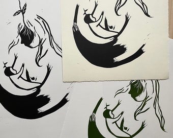 Liv II - different colors /green/black - Original linocut/black variations - 10% of income goes to Ammehjelpen