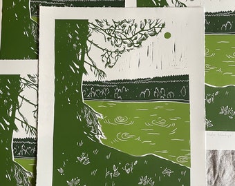 Furua over Nedre Blanksjø - Original Linocut