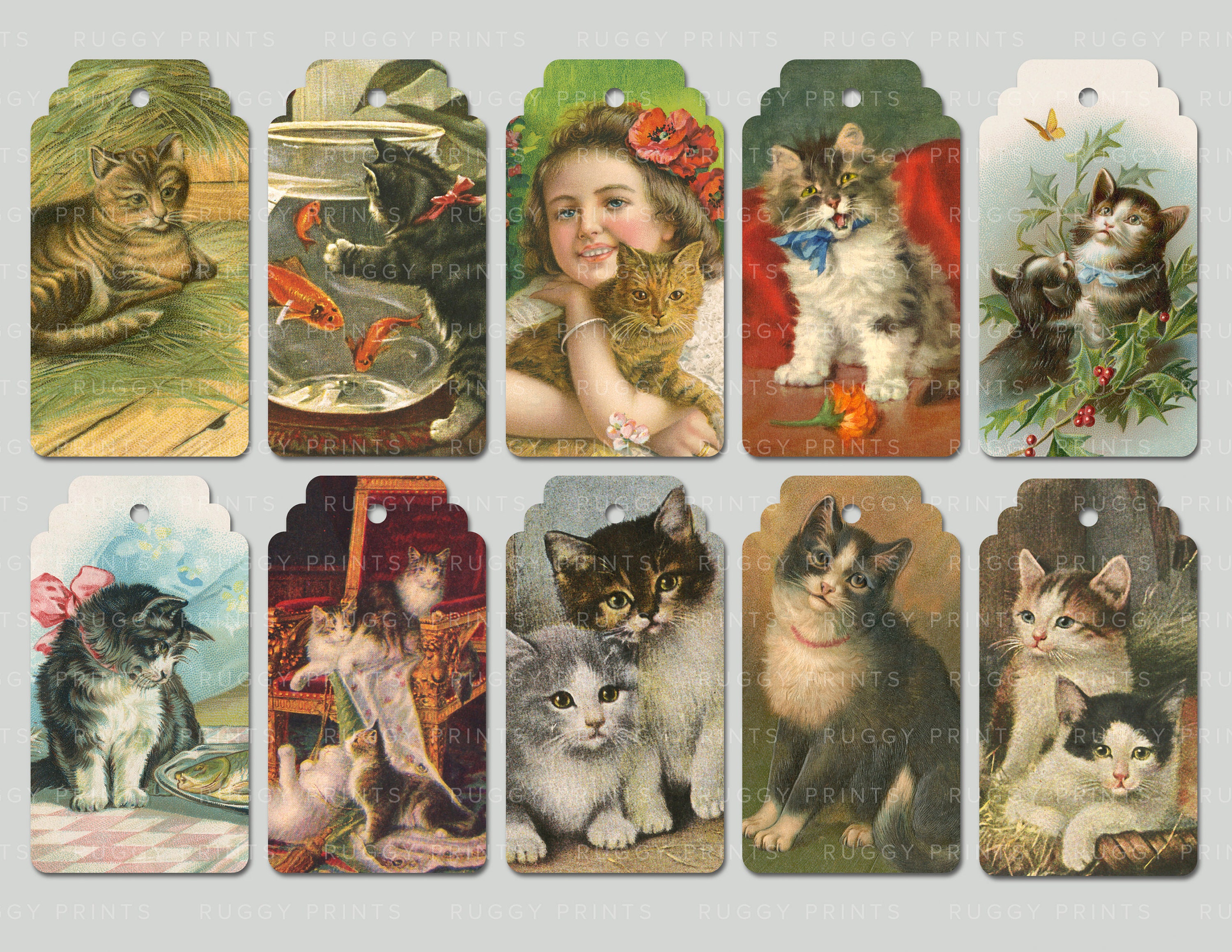 10 Victorian Style Cat Printable Tags Ephemera Digital Etsy