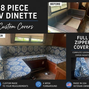 Op de afbeelding: Een 8-delige set op maat gemaakte hoezen voor een camperdinette met een blauw en wit cirkelpatroon. De afbeelding toont een voor-en-na vergelijking van de zithoek, met de nadruk op hoezen met volledige rits voor een complete dekking.