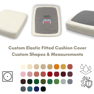 May include: Custom elastic fitted cushion cover for various shapes and sizes. The cover is made of 100% cotton and is machine washable. The image shows a white cushion cover with the text "SHD" embroidered on it. The cover is available in a variety of colors.