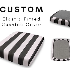 May include: Custom elastic fitted cushion cover with black and white stripes. The image shows the cushion cover from different angles, including a top view and a side view. The text "CUSTOM Elastic Fitted Cushion Cover" is displayed at the top.