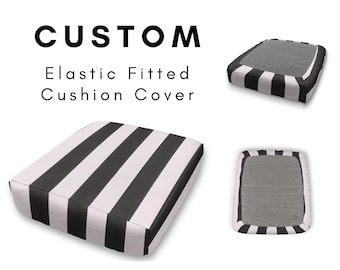 May include: Custom elastic fitted cushion cover in black and white stripes. The image shows the cushion cover from multiple angles, including a top view and a side view. The text "CUSTOM Elastic Fitted Cushion Cover" is displayed at the top.