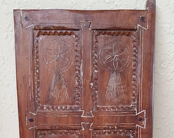 Vintage Berber Carved Wood Door: Moroccan Boho Wall Hanging (9'' X 14")