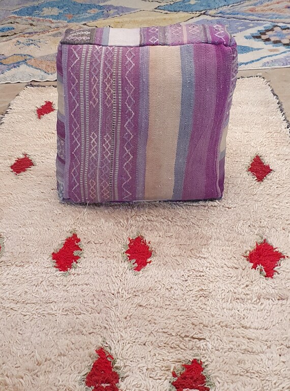 【希少・手織り】モロッコ製 ベルベルラグ／ハンドメイド・未使用 ヴィンテージ ベルベルラグ フロアピロー：手織りモロッコ風クッション