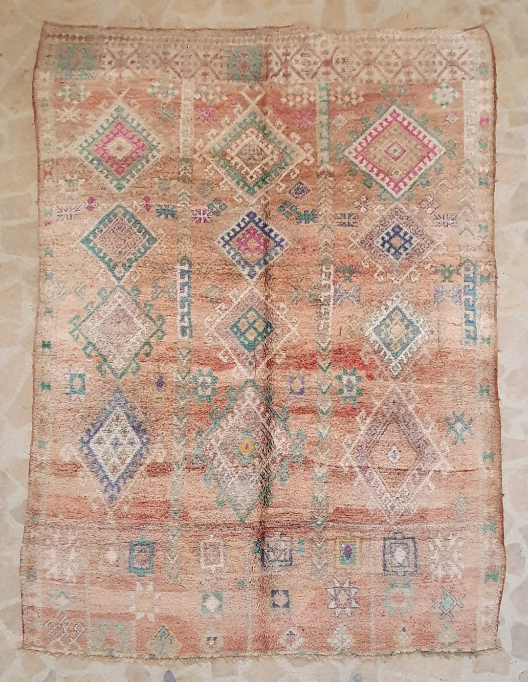 Tapis Marocain Berbère Vintage 6.7x10.3 Pieds – Laine Tissée Main, Style Boho Art Déco, Multicolore