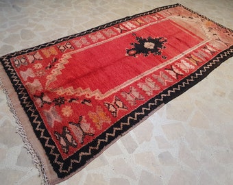 Vintage Red Moroccan Runner Rug: Handmade Berber Wool Rug (4'3'' X 10'1'')
