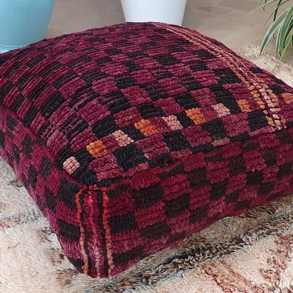 Oreiller de sol à carreaux marocain, 24"x24"x8 », coussin de sol vintage, remodelé à partir d’un tapis berbère tissé à la main