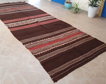 Large Vintage Berber Kilim Rug: Moroccan Tribal Woven Wool Rug (4'8'' X 12'8'')