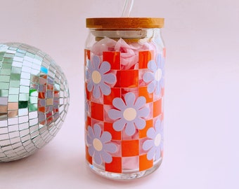 Y2K Checkerboard Flower Glass Cup - Unique, Home Decor, Drinkware, Flower Cup, Cute Glasses, Glass Can, Gift Idea, Holiday Gift