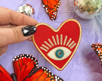 Embroidered Iron-On Evil Eye Patch, Red Heart, Boho Accessories