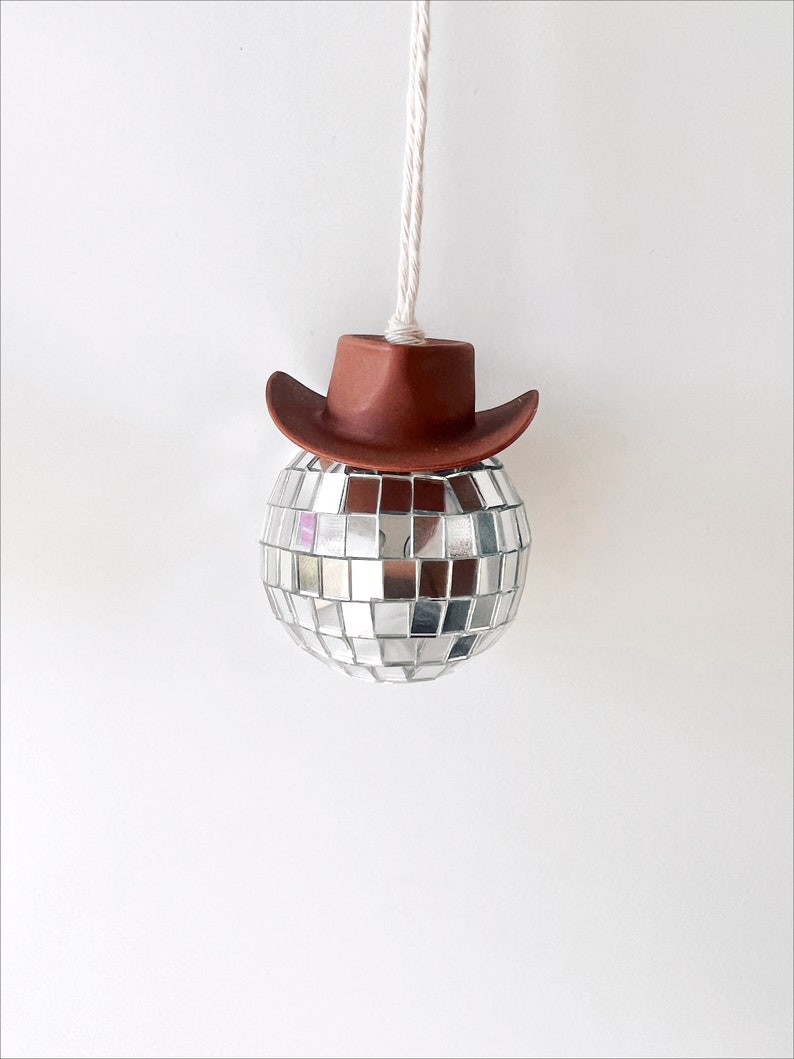 Brown Disco Cowboy Car Charm Hanging Accessory Cowgirl, Disco Ball, Car Decor, Rear View Mirror, Cowboy Hat, Christmas Tree Ornament image 2