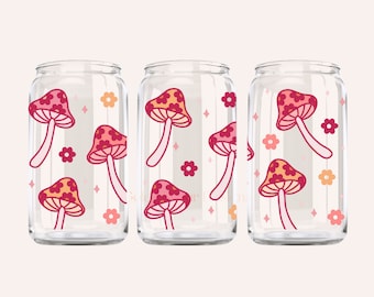 Pink Mushroom Flower Glass Cup - Unique, Home Decor, Drinkware, Mushroom Cup, Cute Glasses, Glass Can, Gift Idea, Holiday Gift, For Her