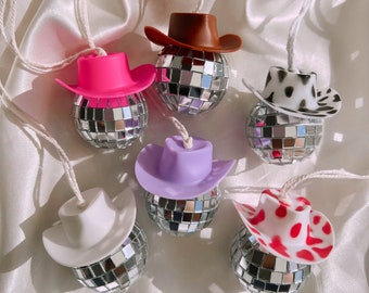 Car Disco Ball, Disco Ball Car Mirror Ornament, Cowboy Hat Car Charm Cow  Print Car Accessories Decoration for Car Rearview Mirror Hanging  (Pink+White)