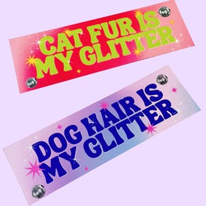 Op de afbeelding: Twee rechthoekige stickers met de tekst "CAT FUR IS MY GLITTER" en "DOG HAIR IS MY GLITTER". De bovenste sticker heeft een rode achtergrond met groene tekst, de onderste een gradiënt achtergrond met blauwe tekst. Beide hebben sterren en glitter.