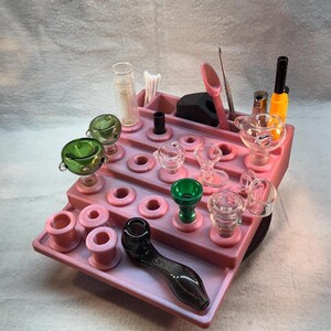 15 Piece Bowl Display Workstation Stand with tool holder for 10mm, 14mm, 18mm and 510 Carts. Scoop and Filler Stand. Smoking accessories.