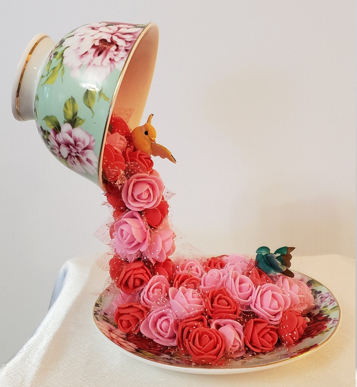 Floating Teacup Waterfall Pouring Foam Flowers Gift Home Décor Etsy