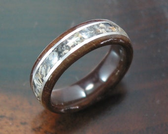 Walnut ring with seashell inlay bordered by 2 recycled Argentium silver wire inlays