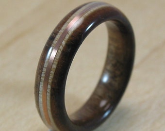 Walnut ring with maple and copper inlay