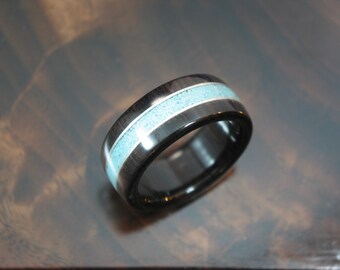 African blackwood ring with turquoise and 2 Argentium silver wire inlays