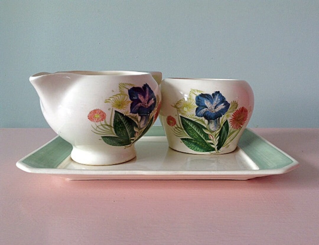 SUSIE COOPER Blue Gentian Milk Jug, Sugar Bowl & Rectangular Plate From ...
