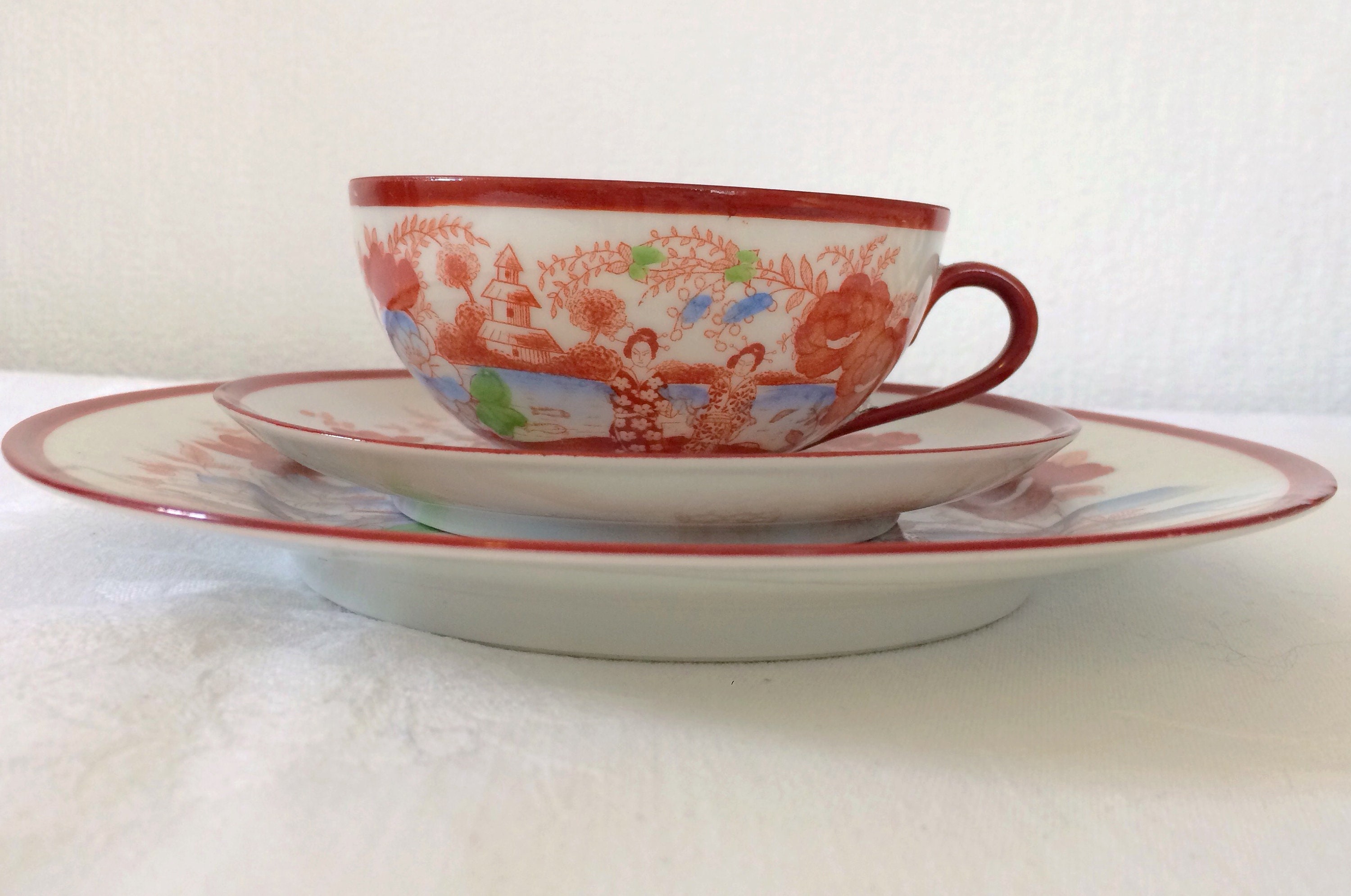 Vintage Kutani 1950s Japanese Geisha Tea Set China Tea Cup Saucer Plate