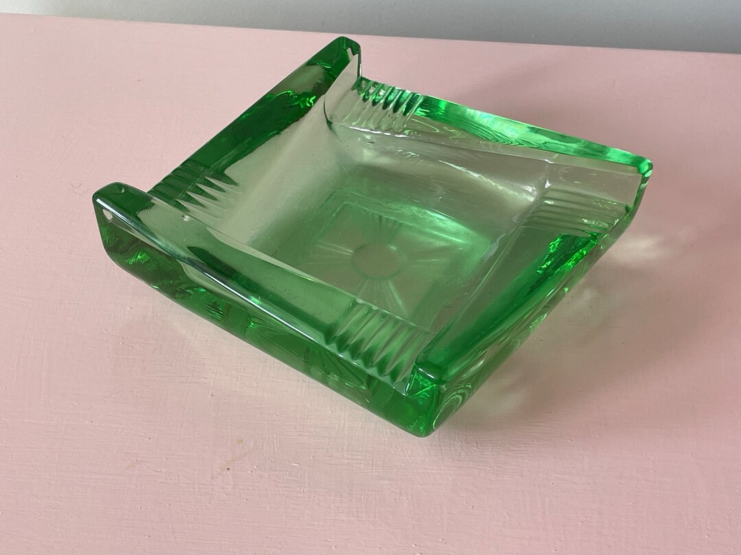 Art Deco Green Depression Glass Ashtray Etsy