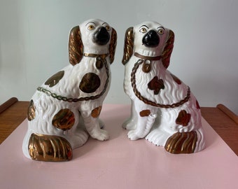 Large Pair of Early 20th Century Staffordshire King Charles Spaniel Dogs Copper Luster Glaze