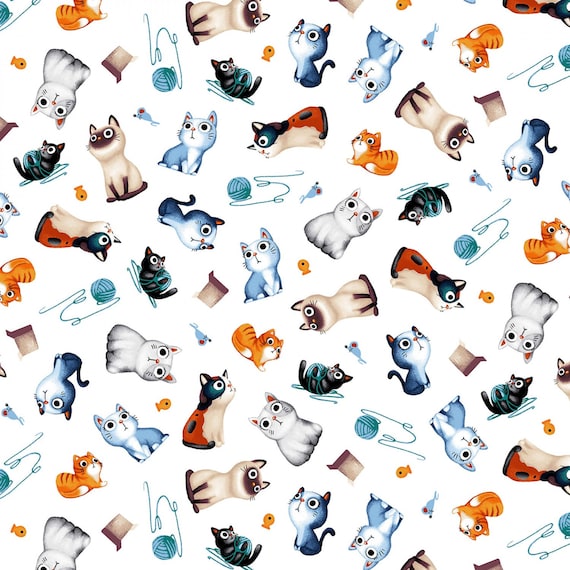 Cotton Quilting Fabric Blue /& White Cat Portraits Panel Michael Miller
