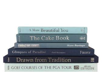 Blue Coffee table books, stack of 6 blue books, coastal beach bookshelf, beachy coffee table, real books for decorating