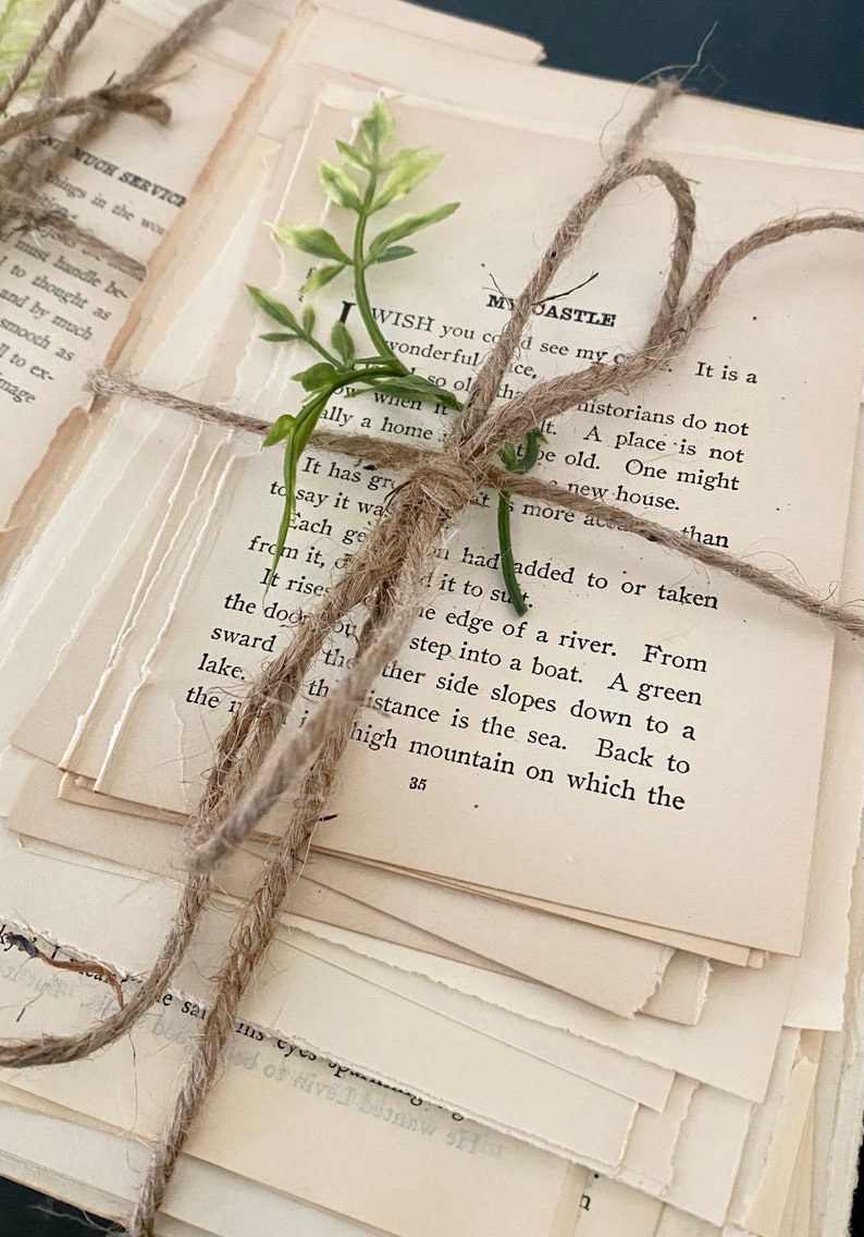 Pode incluir: Uma pilha de livros de bolso antigos amarrados com barbante e uma pequena planta verde. O texto na p&aacute;gina superior diz "I WISH you could see my castle... It is a..."}} </i>