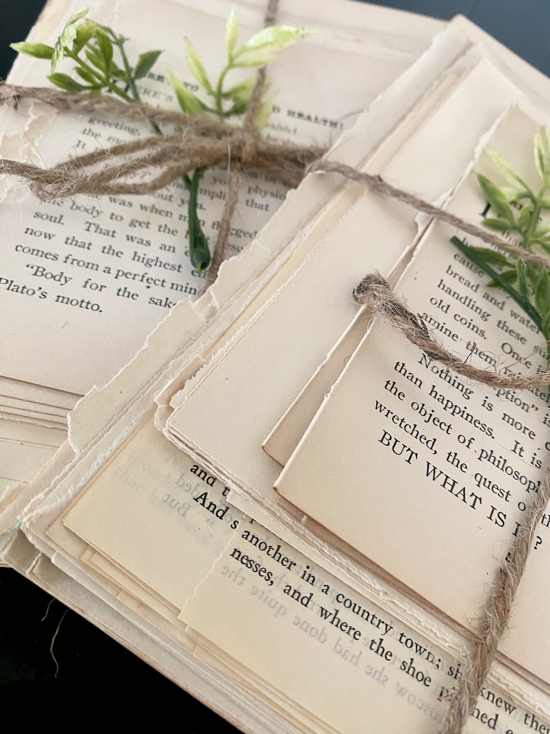 Pode incluir: Uma pilha de p&aacute;ginas de livros antigos amarradas com barbante e decoradas com folhas verdes. As p&aacute;ginas t&ecirc;m texto impresso, incluindo as frases "Body for the sake" e "BUT WHAT IS I?"