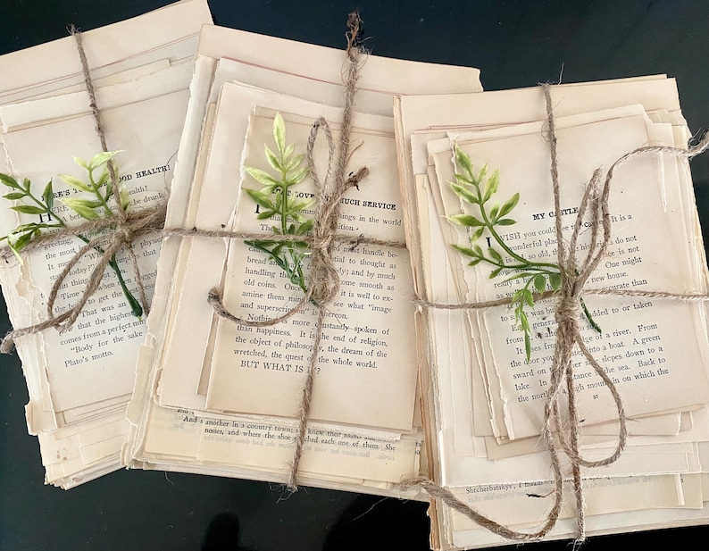 Pode incluir: Uma pilha de livros de bolso vintage amarrados com barbante e decorados com ramos de vegeta&ccedil;&atilde;o. Os livros t&ecirc;m p&aacute;ginas envelhecidas e amareladas e est&atilde;o prontos para projetos de artesanato.